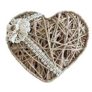 Wall Decor Boho Heart With Jute Strands Lace And Crocheted Blossom 13”